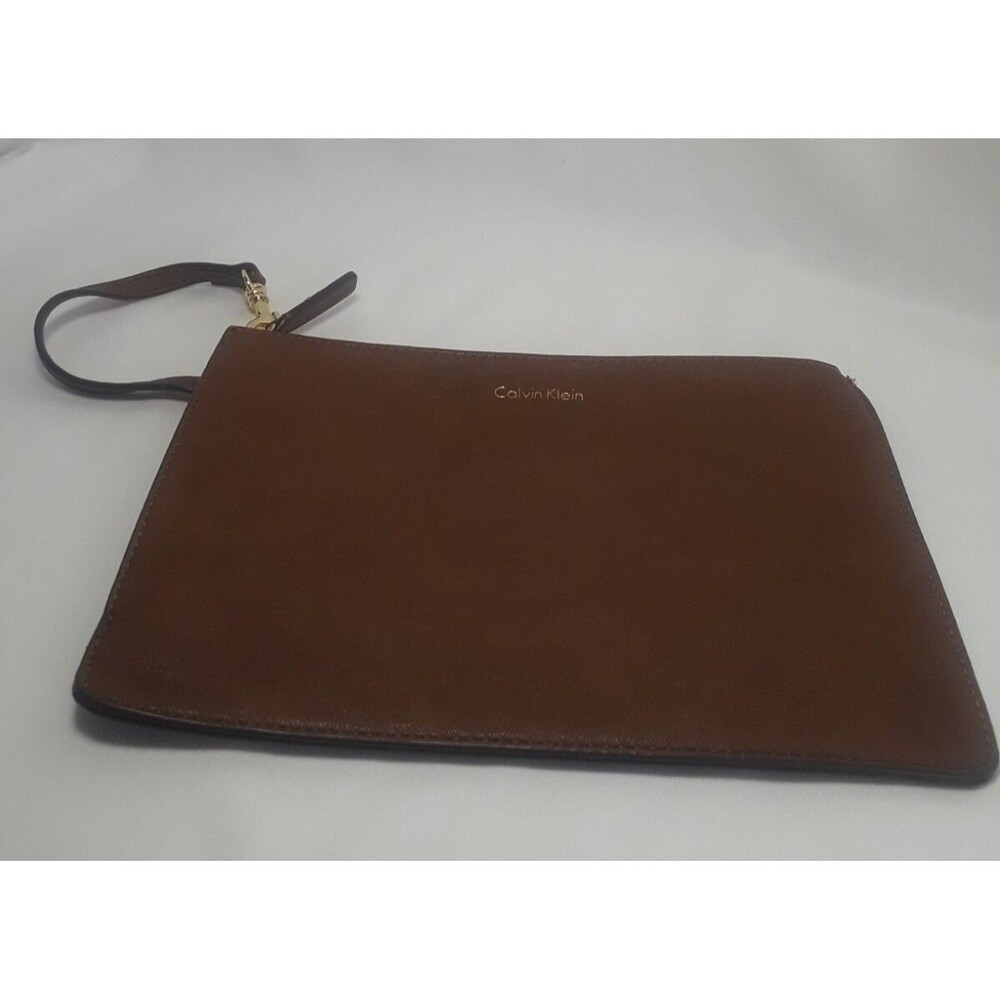 Calvin Klein Brown Wristlet Faux Leather Zip Pouch Minimalist Clutch